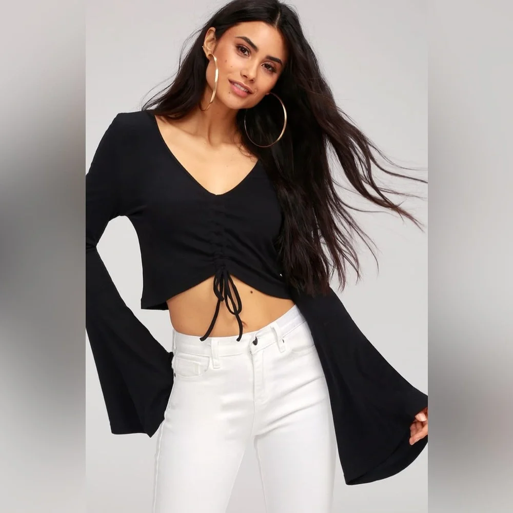 Jack by BB Dakota Leia Black Flounce Sleeve Crop Top - Picture 3 of 15